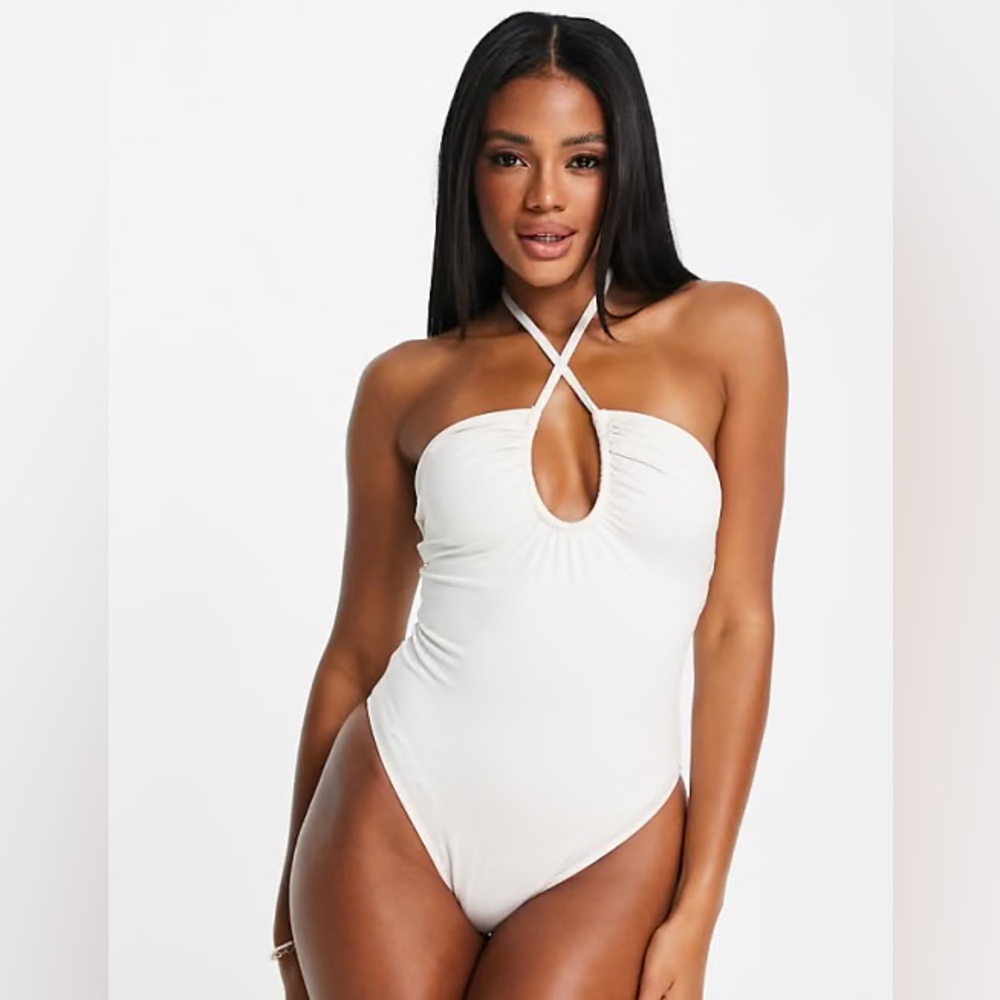 NA-KD Recycled Front Drawstring Halterneck Swimsuit in Off White XL